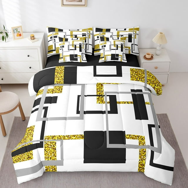 YST Ensemble de Douillette Moderne 7 Pcs pour Hommes Femmes, Or (Non Réel) Paillettes Lit en Sac Grand, Ensembles de Literie à Rayures Géométriques, Ensembles de Lit Réversibles Noir et Blanc avec Ensemble de Draps