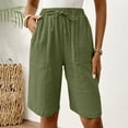 thumbnail image 6 of WQQZJJ Summer Shorts Women, Solid Color Drawstring Elastic Waist Long Shorts, Linen Knee Length Shorts Bermuda Shorts, 6 of 9
