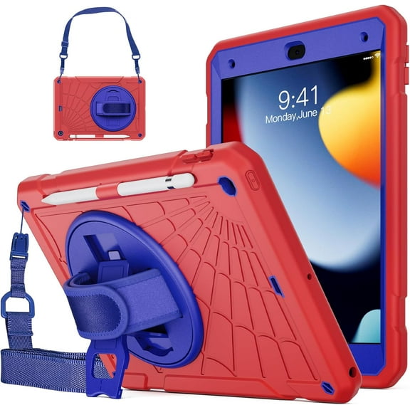 CACOCO-Ipad 9Th Generation Case 10.2 Inch, Shockproof Cases For Ipad 9Th 8Th 7Th Generation With 360 Rotating Hand Strap & Shoulder Strap, Cover For Ipad 9Th 8Th 7Th Gen 2021 With Pen Holder (Red)