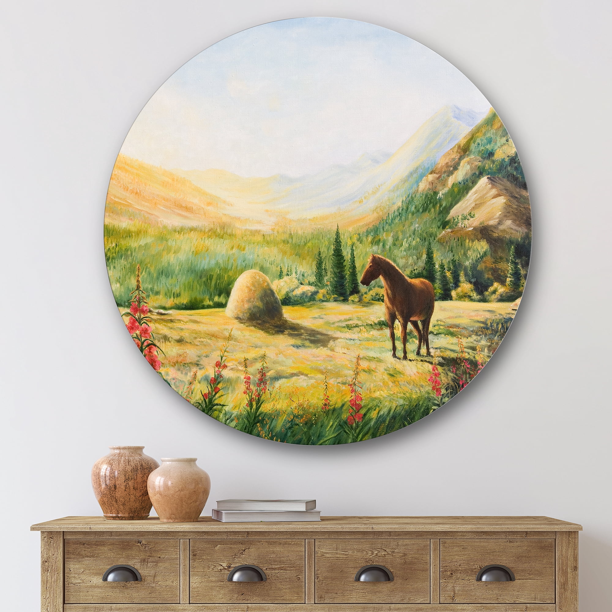 Designart 'Sunrise In The Mountains With Horse' Farmhouse Circle Metal Wall Art 36x36 - Disc of 36