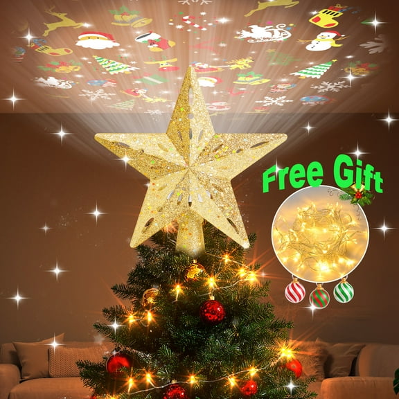Christmas Tree Topper, 3D Glitter Snowflake Tree Topper Built-in LED Rotating Lights with 6 Projection Modes for Xmas Party Holiday Decorations-Gold