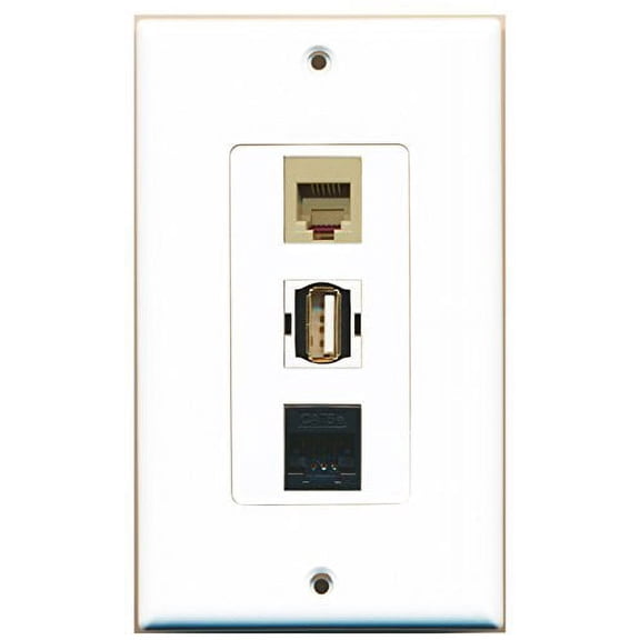 RiteAV - 1 Port USB A-A and 1 Port Phone RJ11 RJ12 Beige and 1 Port Cat5e Ethernet Black Decorative Wall Plate Decorative