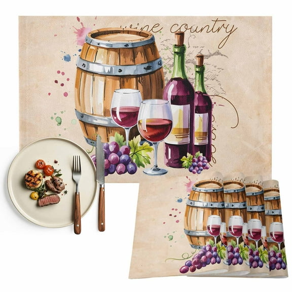 Placemats Set of 4, Wine Cask Place Mats Retro Farmhouse Grape Tablemats Washable Placemat Table Decoration for Kitchen Table Dinner Party Home Decor Indoor Outdoor 13x19 Inch