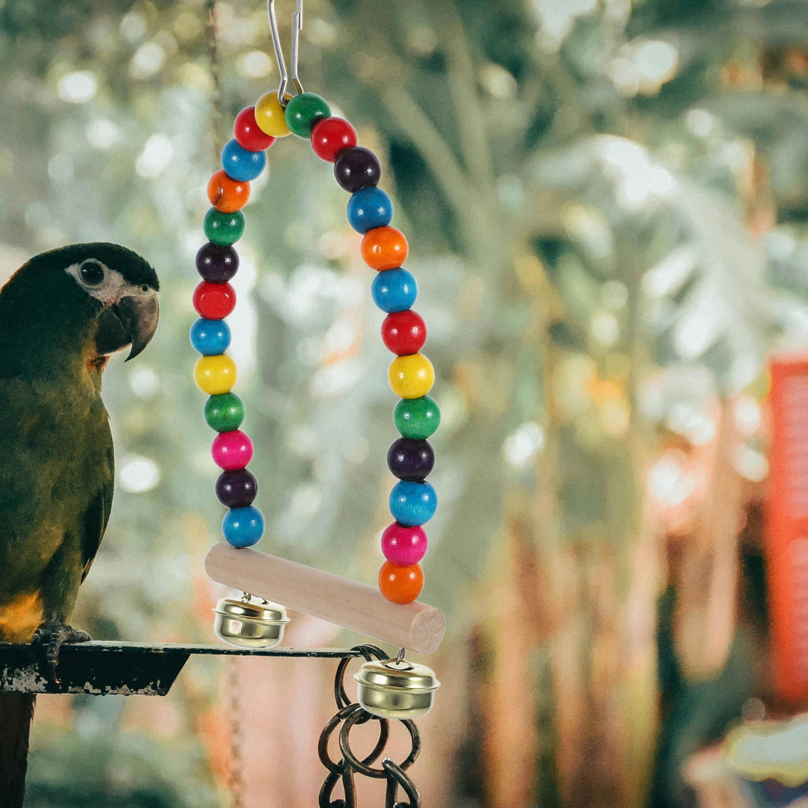 MOKKHNB Wooden Bird Cage Hanging Perch Swing with Bell for Parakeet, Parrot, Cockatiel, Pet Bird Accessory