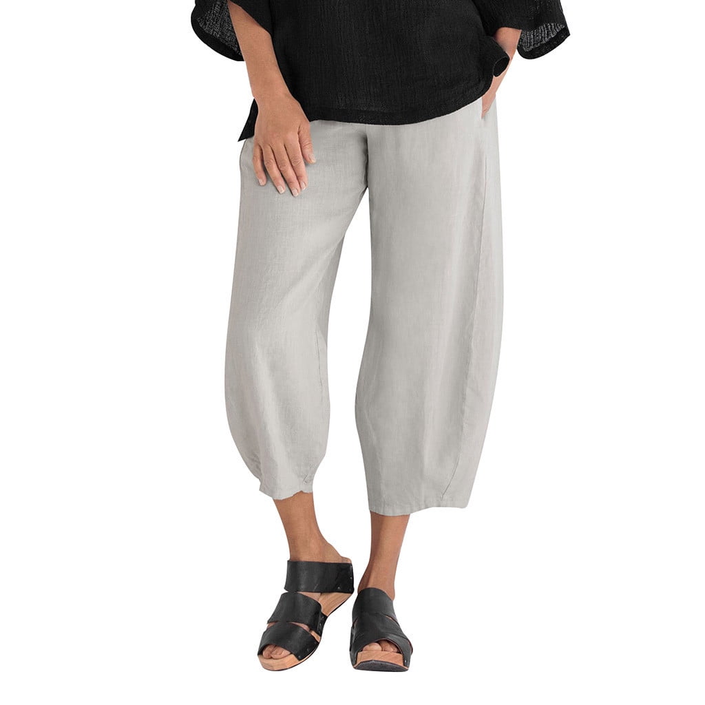 JWZUY Womens Cotton Linen Pants Elastic Waist Capris Summer Trousers ...