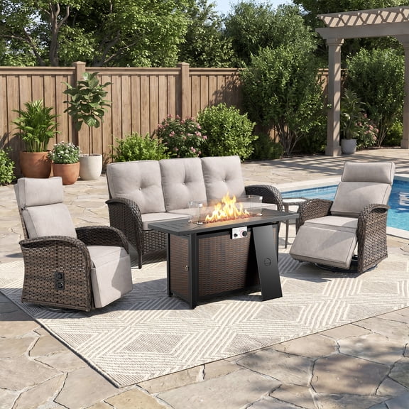 Giantfurnni 5PCS Outdoor Wicker Patio Conversation Set with 43 Inch Propane Fire Pit Table, Swivel Recliner Chairs with Adjustable Backrest & Footrest
