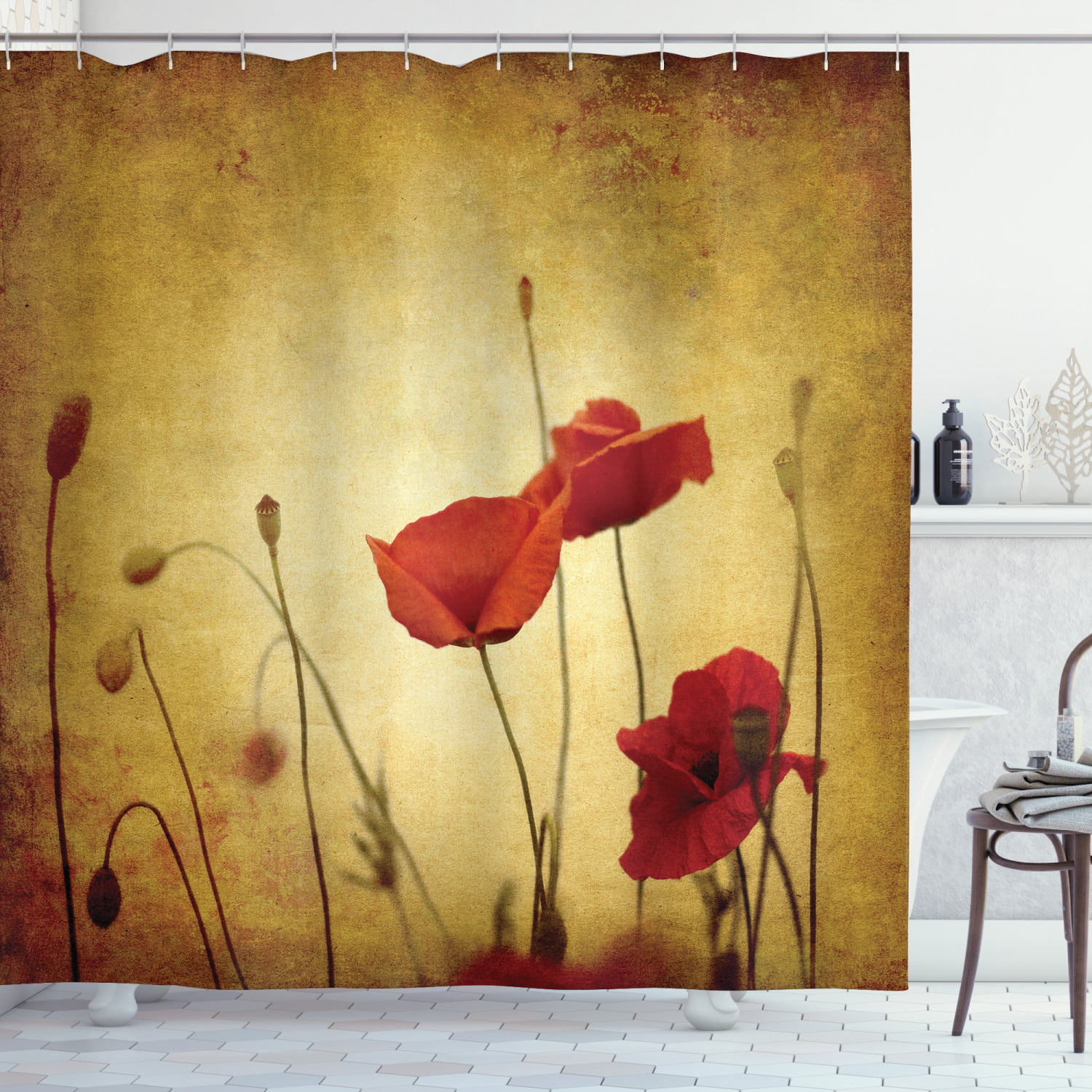 Red Poppy flower Shower Curtain Home Bathroom Decor Fabric & 12hooks 71*71inches 