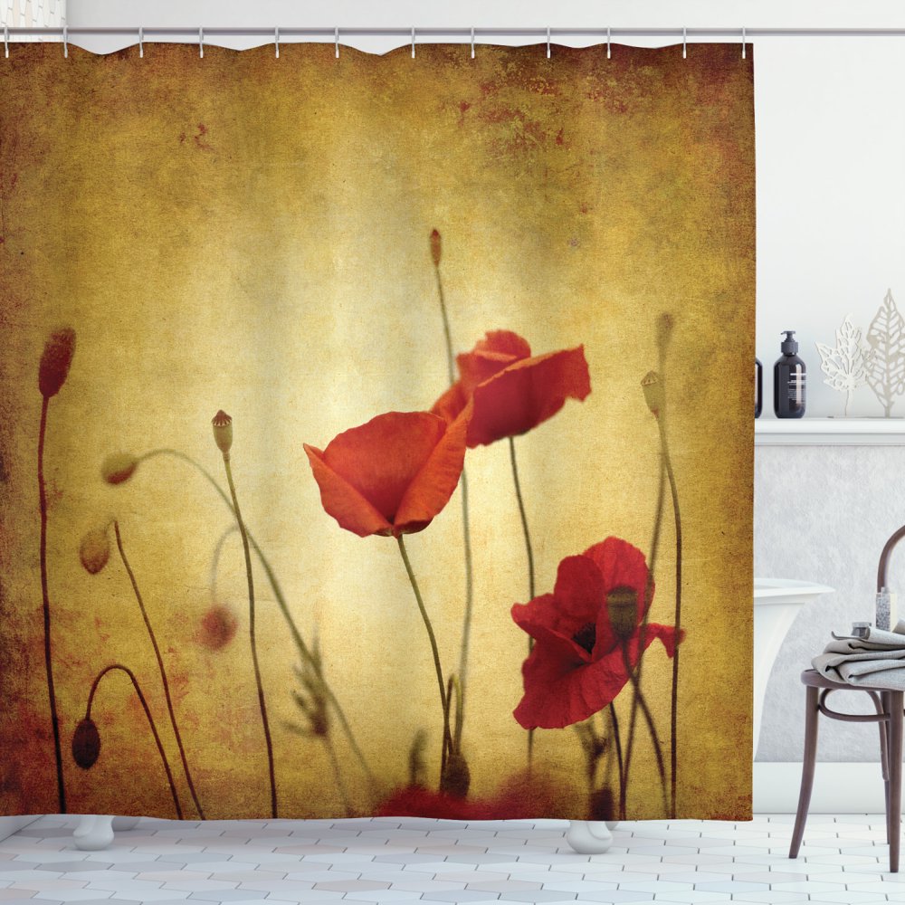 Poppy Shower Curtain, Poppies and Flower Buds on Ambient Dark Grunge