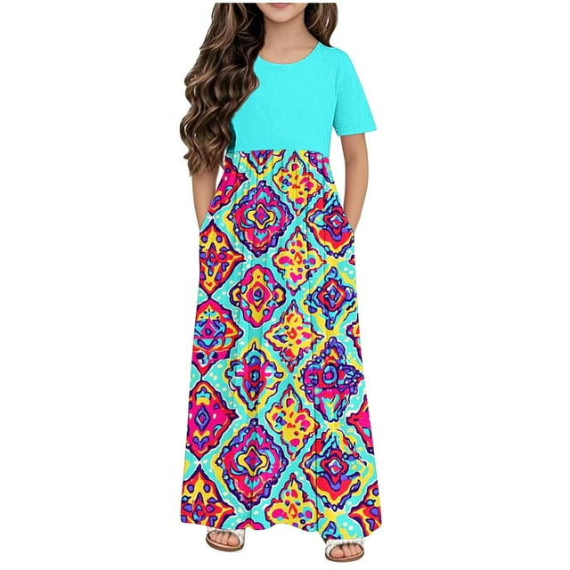 Robe Décontractée pour Filles avec Poches, Manches Courtes, Col Rond, Polyester Léger, Jupe Longue, pour Âges de 4 à 14 Ans