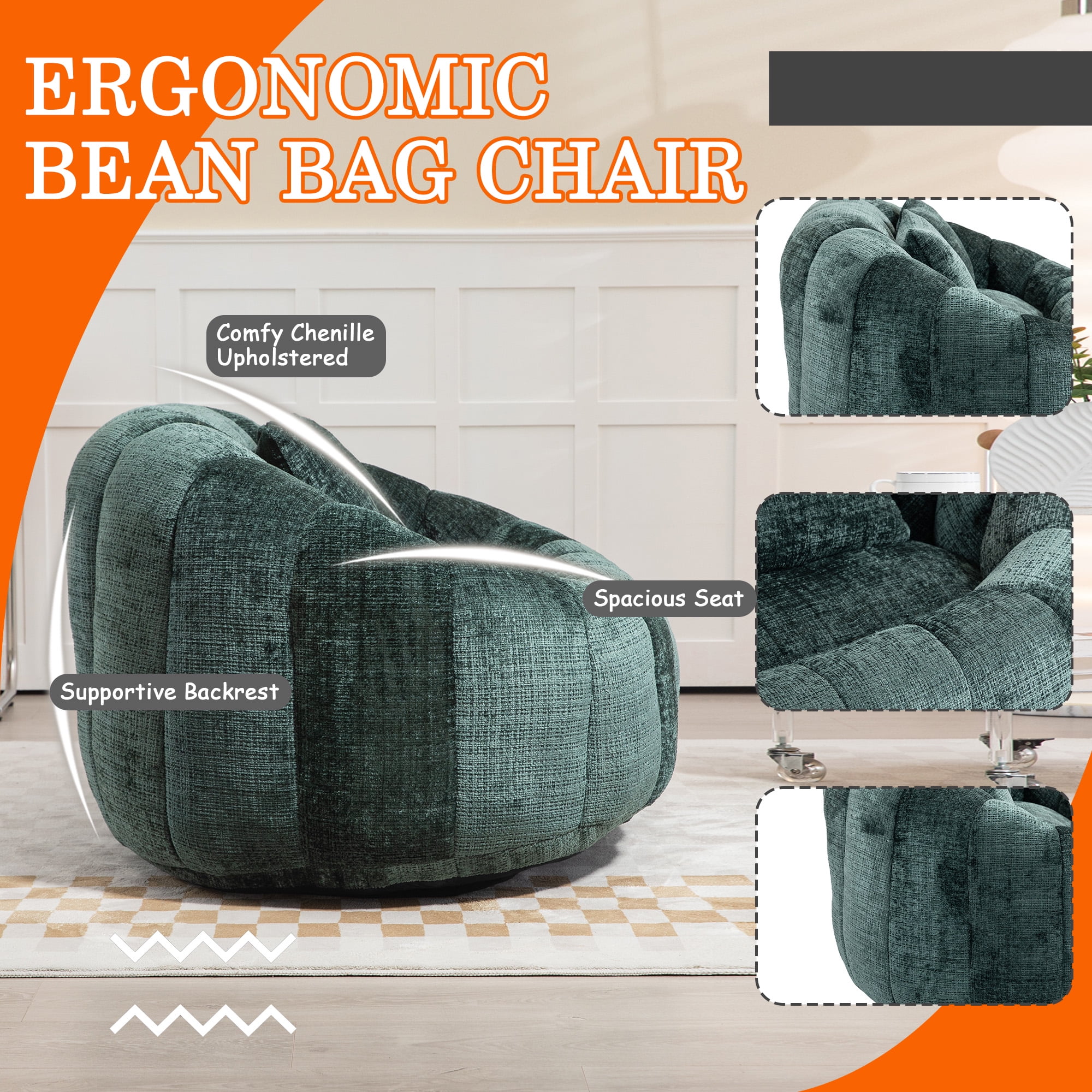 59''W Chenille Loveseat Sofa Small Couch Oversized Bean Bag Chair, Modern Lounge Loveseat Sofa with 2 Pillows,Bean Bag Couch Floor Lazy Sofa for Living Room Bedroom Apartment (Emerald)