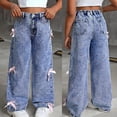 thumbnail image 2 of LIJCC Kids Girls Bow Decoration Jeans Elastic Waist Baggy Straight Wide Leg Denim Pants Trousers, 2 of 9