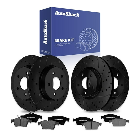 AutoShack Front & Rear Drilled & Slotted Brake Rotors Ceramic Brake Pads | Replacement For 2012-2018 Ford Focus 2.0L FWD | Black E-Coated | 12-PC Brake Kit | NightGuard