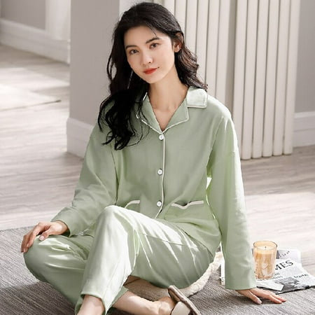 

DanceeMangoo Women Sleepwear Suit Spring Autumn Womens Full Cotton Long Sleeve Pajamas Set Loose Adult Mother Sleepwear Set Soft Home Cloth