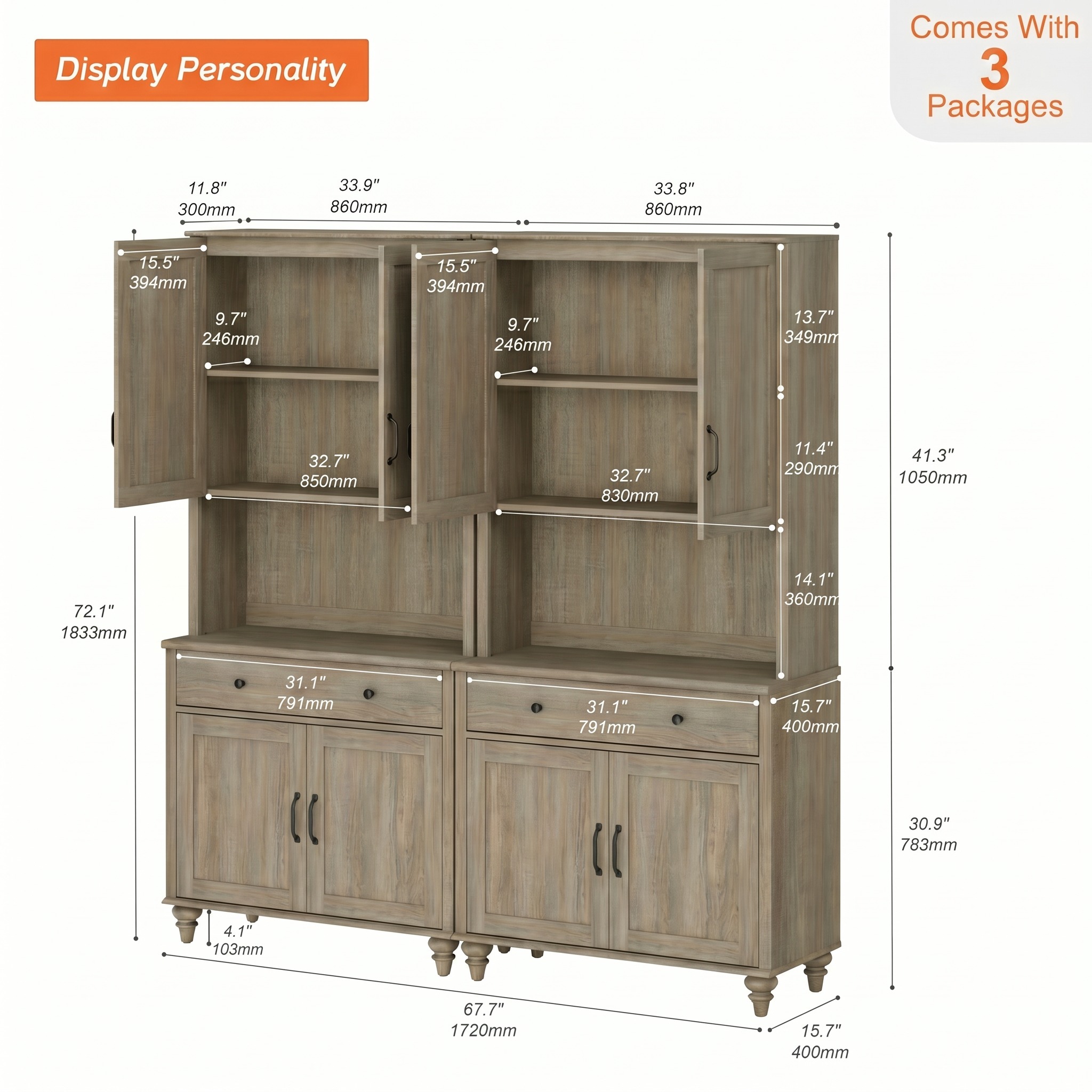 72"H × 68"W Large Farmhouse Wooden Library Bookcase with Ample Storage Cabinet, Freestanding Bookshelf for Living Room, Office & Study Room, Wash Gray