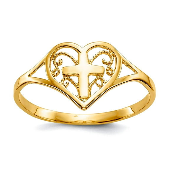 10k Solid Yellow Gold Polished Love Heart With Religious Faith Cross Ring Size 6.75 Statement-Ring for Women