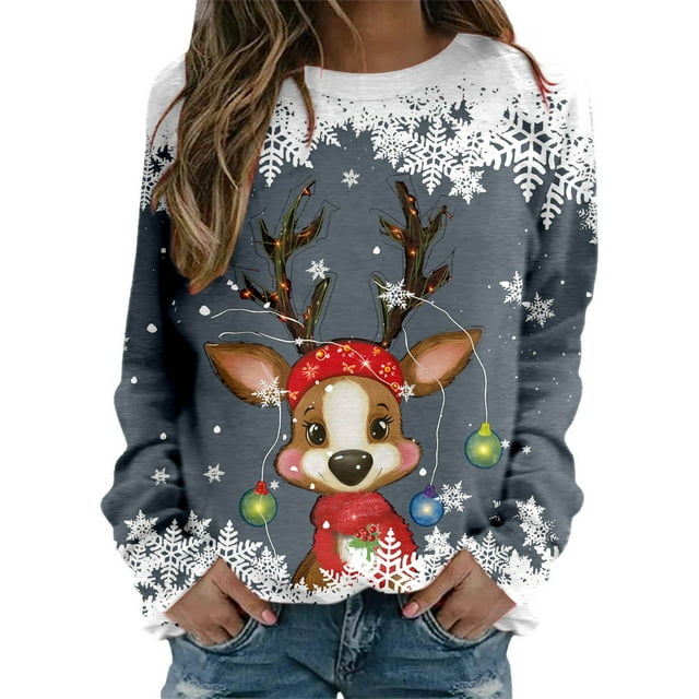 WEAIXIMIUNG Chandails en Molleton Courts pour Femmes, Pulls de Noël Tendance pour Femmes, Mode, Manches Longues, Col Rond, Graphique Renne Mignon, Chemises de Noël (4)