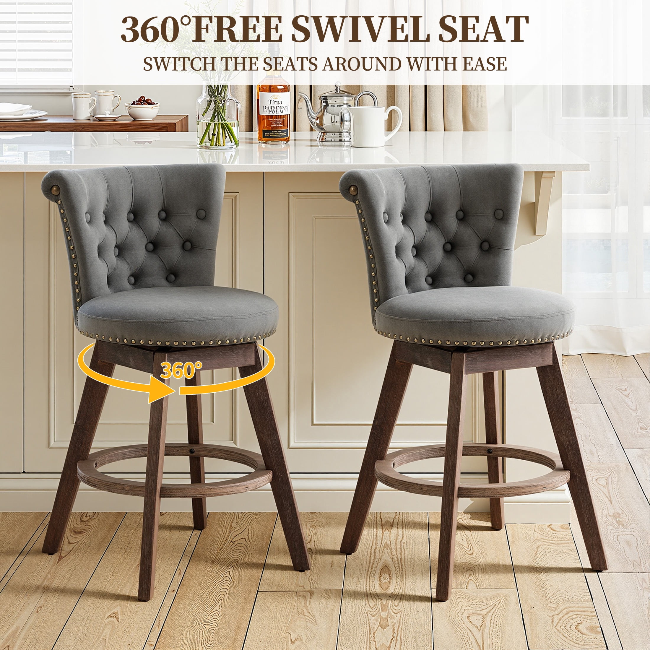 PAPROOS Bar Stools Set of 2, 26" Swivel Counter Height Bar Stools with Back, Upholstered Velvet Kitchen Island Counter Height Chair with Button Tufted Back, Nailhead Trim and Wood Legs, Grey