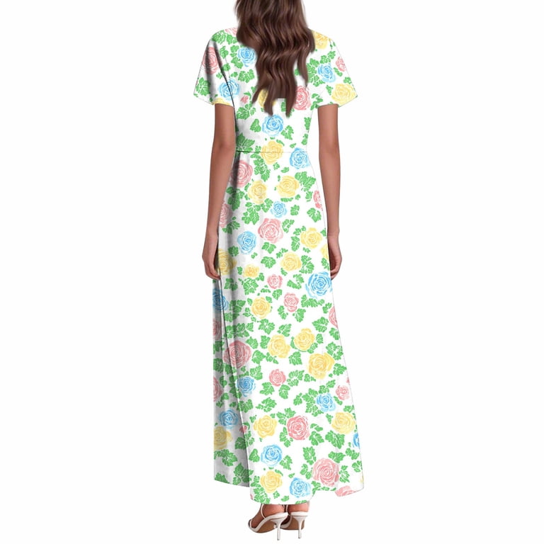 vigerkar Women's Flowy Chiffon Maxi Dress - Floral Print Beach Cover Up  with V-Neck, Ruffle Sleeves for Vacation Light Green, XXL - Walmart.com
