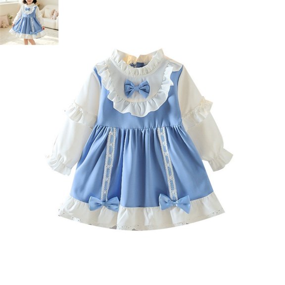 YOUYEDIAN Toddler Dress Fashion Lace Design Cute Bowtie Deco Versatile Long Sleeve Dress Casual Crew Neck Loose Breathable Comfy Princess Dress