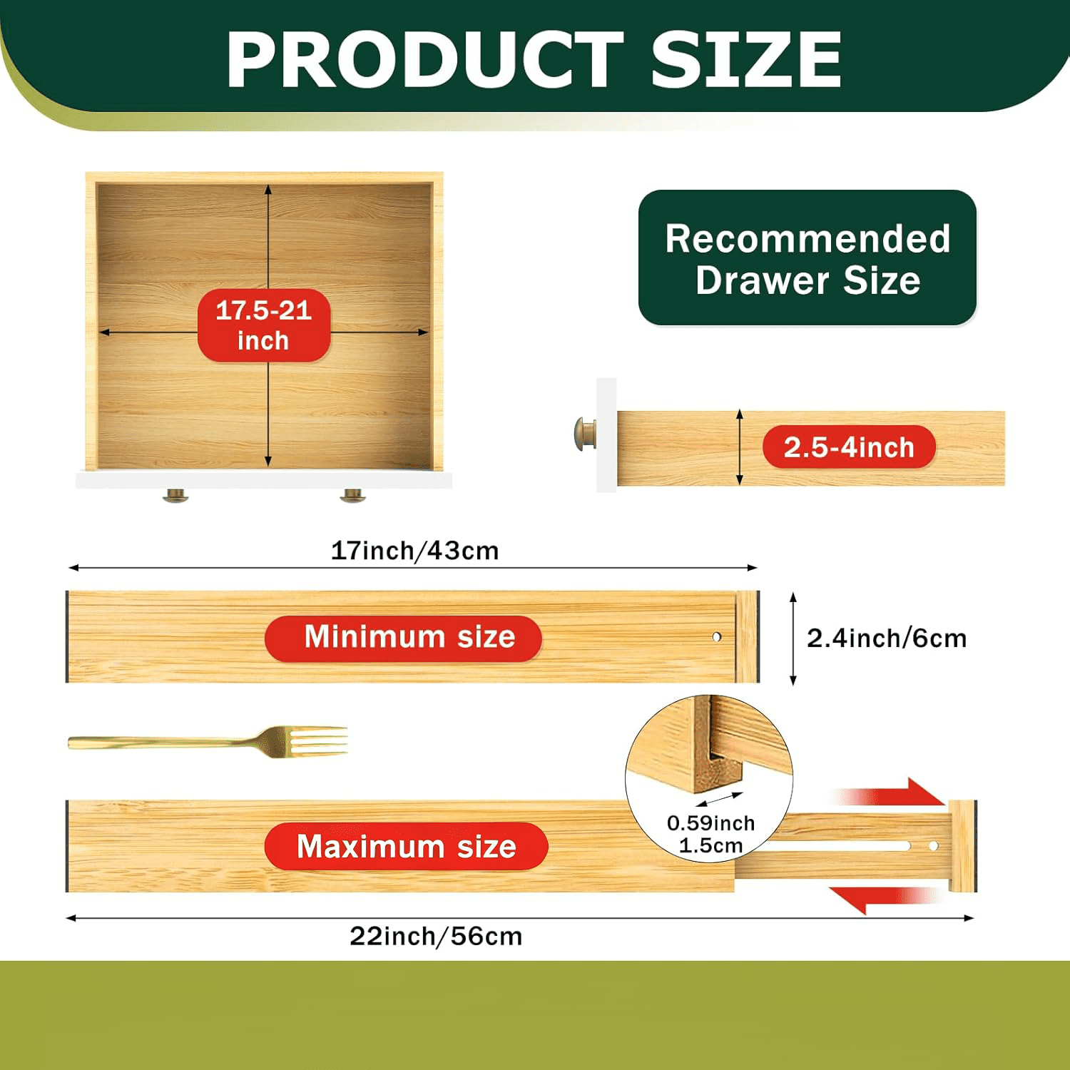 FAKYFJ 6 Pack Bamboo Drawer Dividers – Expandable 17–22" Adjustable Organizers for Kitchen, Dresser, Office Drawers