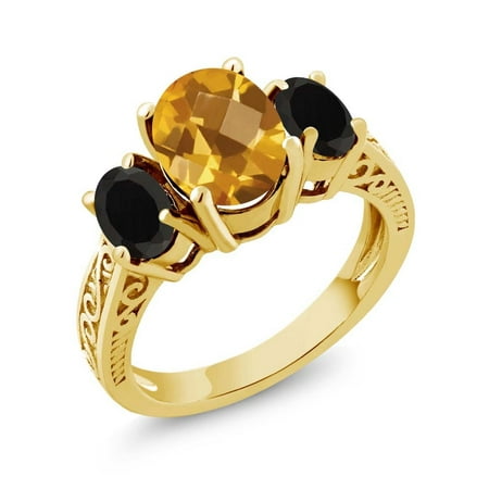 - 2.38 Ct Oval Checkerboard Yellow Citrine Black Onyx 925 Yellow Gold Plated Silver 3-Stone Ring
