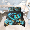thumbnail image 2 of Manfei Neon Blue Butterfly 7 Pieces Bed in a Bag Queen Size, Cyan Teal Rose Bed Set, Black Gold Bed Sheets Setp with Comforter, Microfiber Room Decorative, 2 of 8
