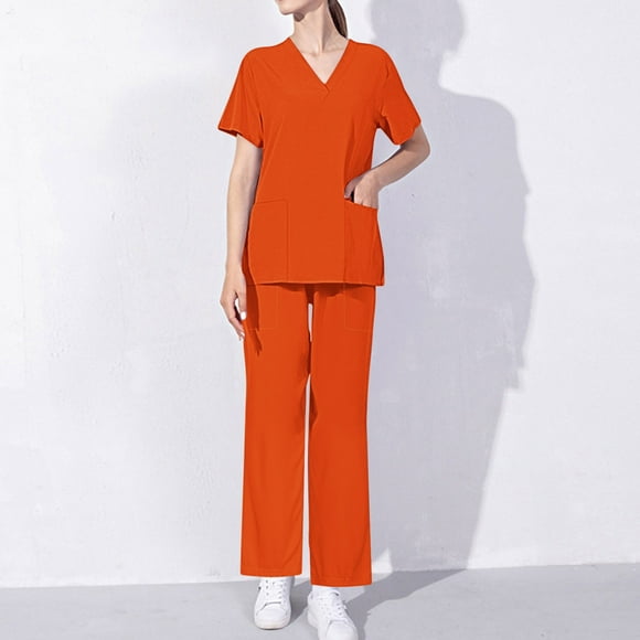 Hanen Basic Scrub Set for Women - Slim V-Neck Scrub Top & Multi Pocket Skinny Cargo Scrub Pants