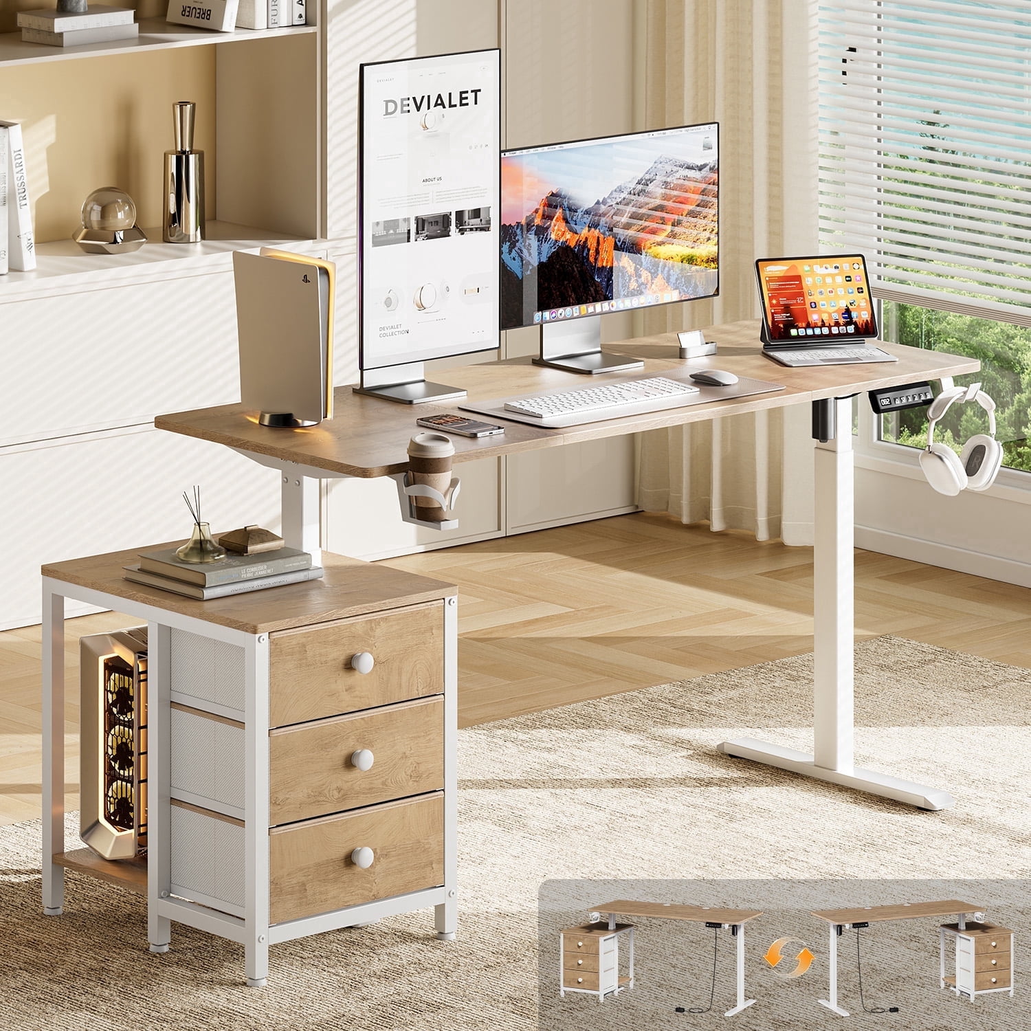 GUNAITO 55.1" Electric Standing Desk with 3-Drawer Cabinet, Adjustable Height Desk with Memory Panel, Office & Gaming Desk，Nutural