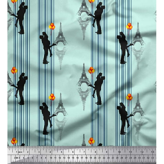 Soimoi Green Rayon Fabric Stripes & Eiffel Tower Love Printed Fabric 1 Yard 56 Inch Wide