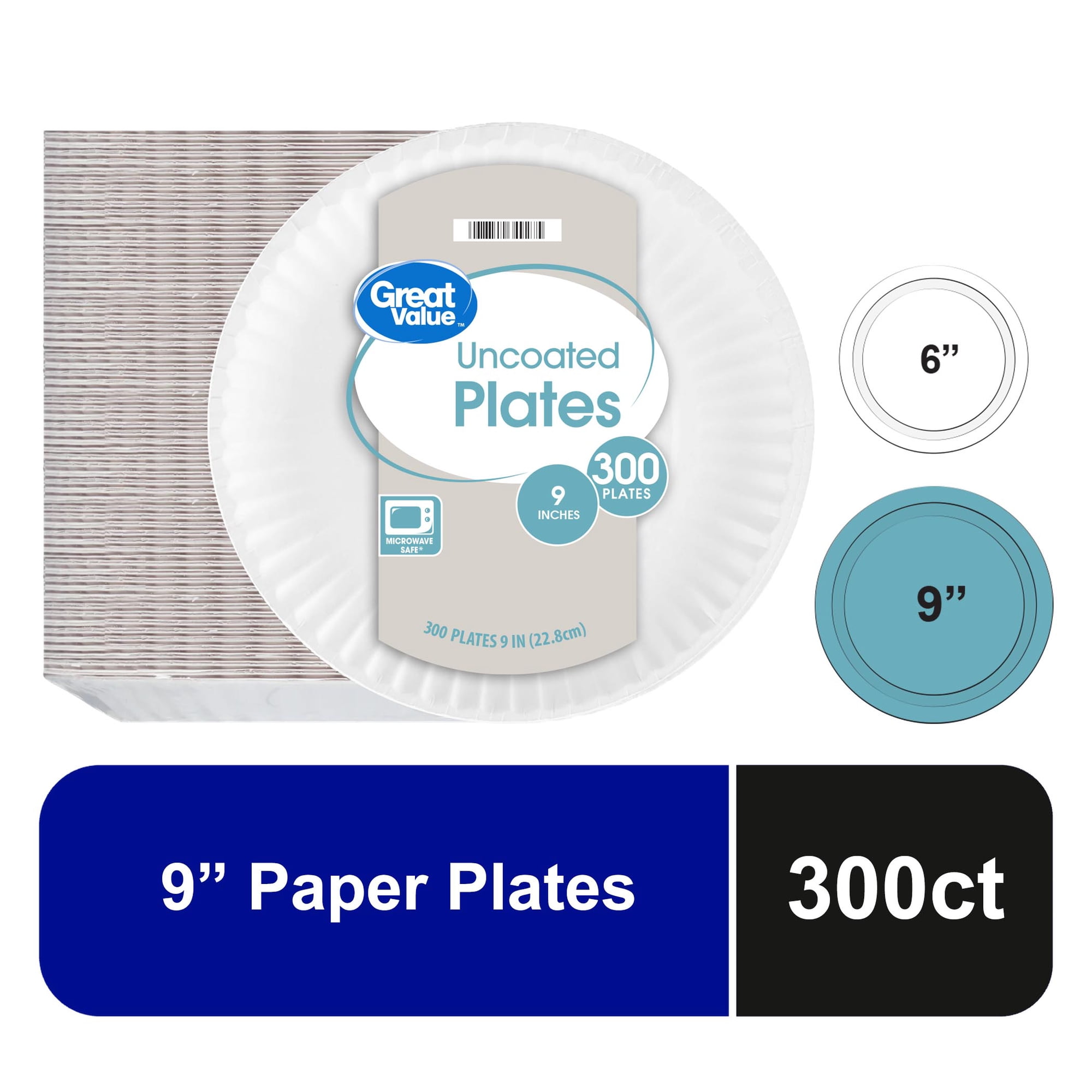 Great Value Uncoated Paper Plates, 9 in, 300 Count