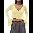 thumbnail image 1 of Blusa para Mujer con Cuello en V y Botones Recortados, Cárdigan de Punto con Mangas Largas Acampanadas. Amarillo S, 1 of 10