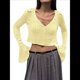 thumbnail image 1 of Blusa para Mujer con Cuello en V y Botones Recortados, Cárdigan de Punto con Mangas Largas Acampanadas. Amarillo L, 1 of 10