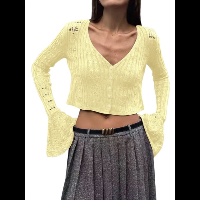 Blusa para Mujer con Cuello en V y Botones Recortados, Cárdigan de Punto con Mangas Largas Acampanadas. Amarillo L