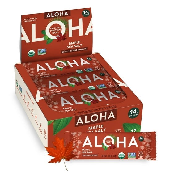 ALOHA Plant Based Protein Bars, Maple Sea Salt, 14g Protein (Pack of 12)