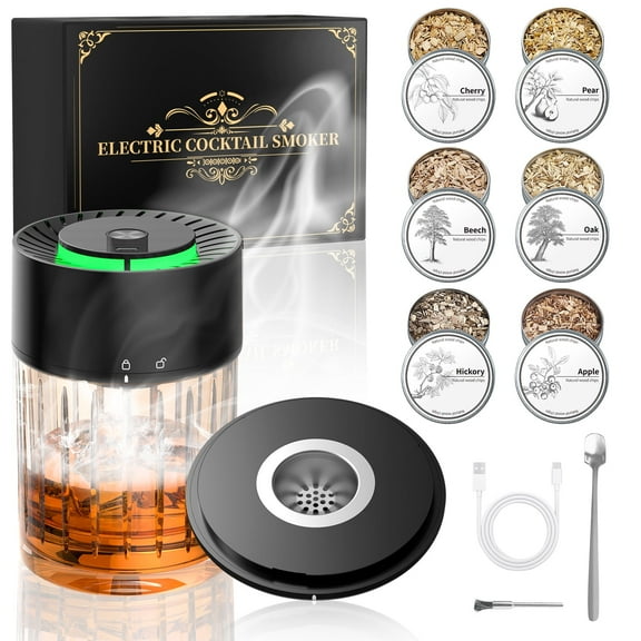 Electric Rechargeable Cocktail Whiskey Smoker Kit with 6 Wood Chips Built-in Lighter, Christmas Thanksgiving Gifts for Men Father Husband 1 Set Black ﻿