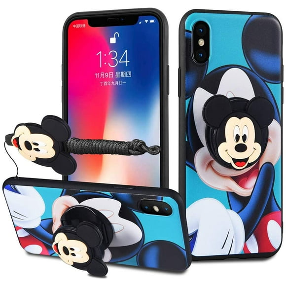 iPhone 11 Case - Minnie Mickey Mouse Cartoon Case Soft Silicone TPU Shockproof Case with Phone Holder Stand and Detachable Long Lanyard for Girls Boys (Blue)
