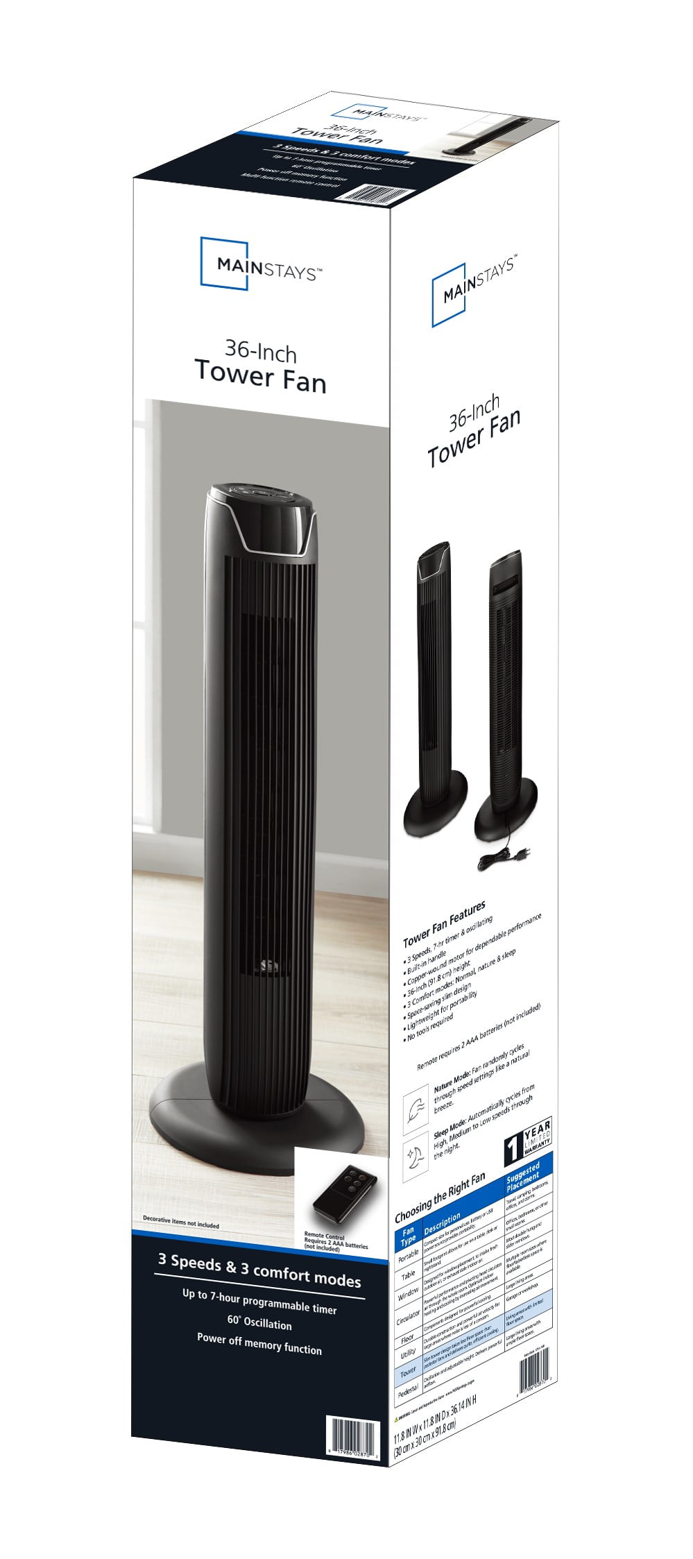 Mainstays 36" Black 3-Speed Oscillating Tower Fan,