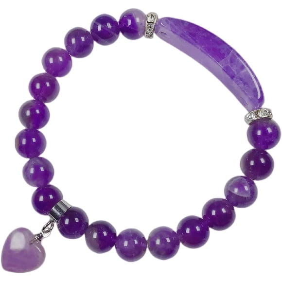 8mm Healing Crystal Beads Stretch Bracelet Handmade Heart Charm Round Energy Chakra Stone Beaded Bracelet for Women Purple/Amethyst(heart dangle)