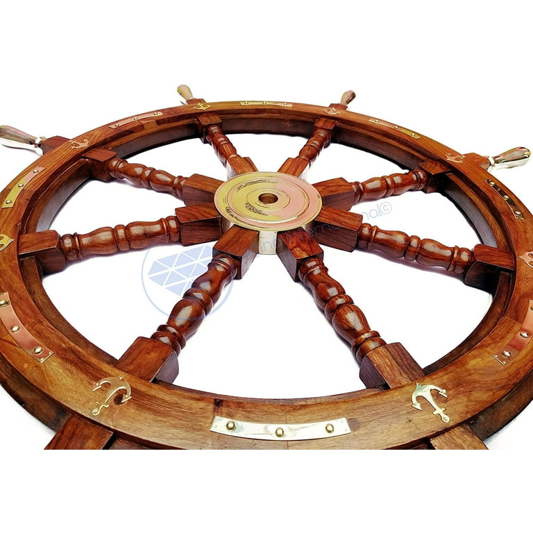 Nagina International 36 Nautical Ship Wheel with Brass Anchors and Handles  - Pirate Home Decor 