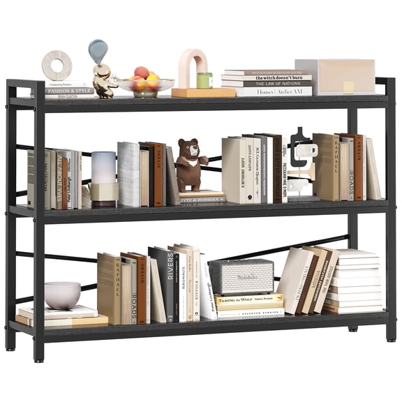 3 Tier Bookcase 47.24" Width, Long Industrial Book Shelf, Vintage Wooden Large Book Shelf for Home Living Room Bedroom Office Storage(Black)