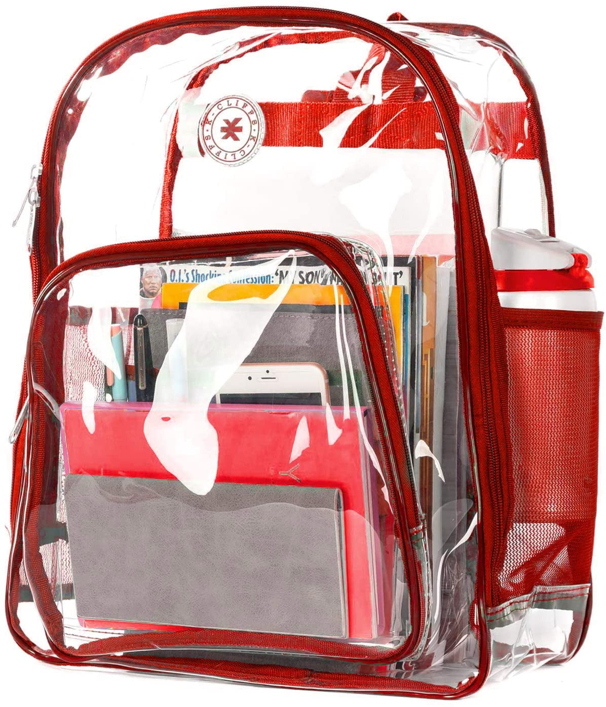 K-Cliffs Unisex Heavy Duty Clear Backpack See Through PVC Work Security Bag Transparent Workbag Red