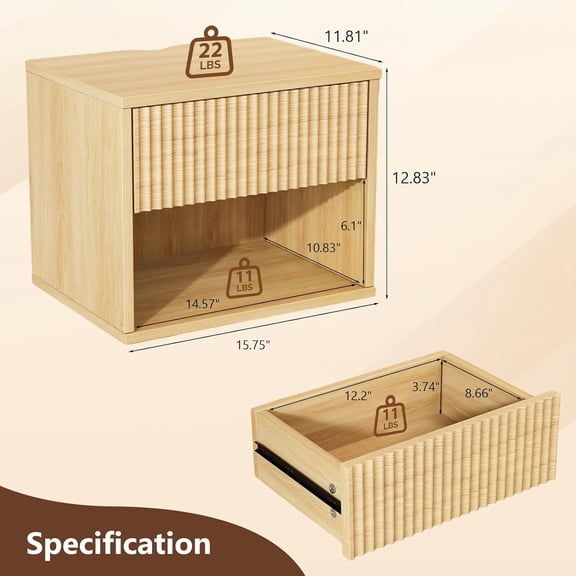 Floating Nightstand Set of 2 Fluted Wall Mounted Bedside Table with Drawer, Oak Wood End Table for Bedroom Living Room