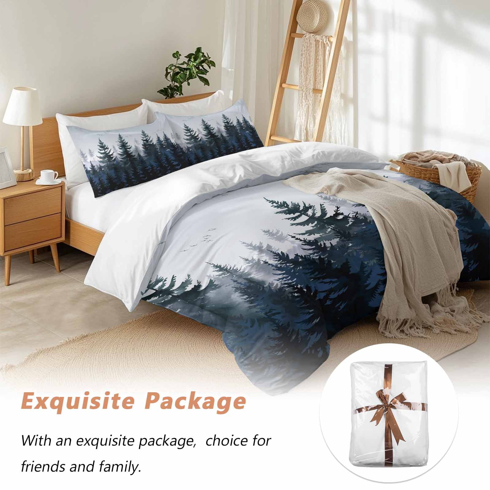 Forest Bedding 3 Piece Duvet Cover Set Queen Size, Dark Blue Fall Bird Vintage Farmhouse Tree Soft Microfiber Comforter Cover with Zipper Closure & Pillowcases, Wrinkle & FadeResistant Quilt Cover