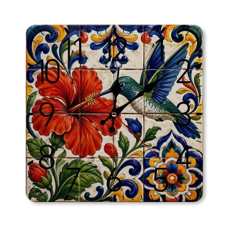 RKSupls 10×10inch Square Silent Wall Clock Wooden Frame, Talavera Hummingbird Hibiscus Ceramic Tile Pattern Scale Decorative Clock for Home Bedroom Living Room Office