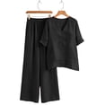 thumbnail image 7 of Mifsaly 2 Piece Linen Set for Women Short Sleeve V Neck Tunic Tops and Straight Leg Long Pants with Pockets Lightweight Loose Summer Travel Matching Outfits Black,M, 7 of 7