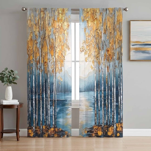 Spring Tree Sheer Curtains 63 Inch Length 2 Panels Set, Oil Landscape Painting Contemporary Voile Window Treatment Rod Pocket Curtains Sheers Drapes for Bedroom/Living Room/Kitchen 52x"63"x2