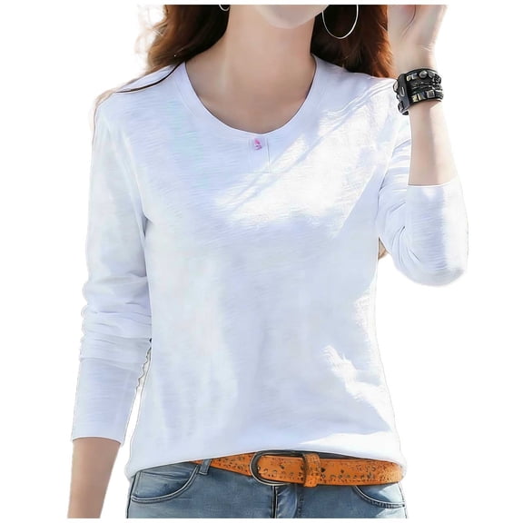 XPMWRP Women's Long Sleeve Shirts Casual Crew Neck Button Blouse Comfy Soft Loose Fit Solid Color Fashion Tee White XL