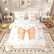 Homewish Watercolor Bow Twin Bedding Sets 7-Piece for Cute Girls, Orange Star Butterfly Bedding Comforter Set, Princess Bowtie Sheet Sets, Breathable Home Decor