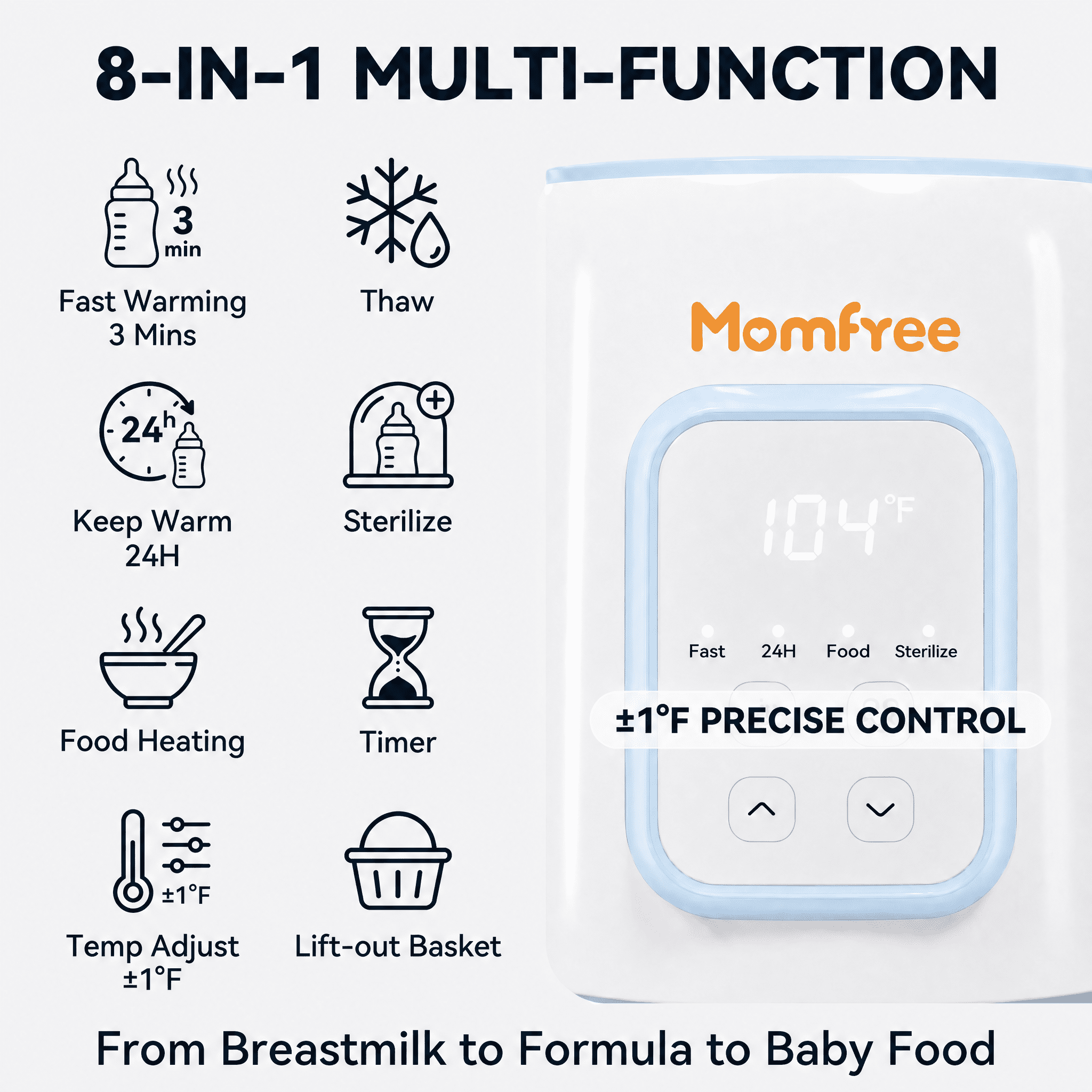 Baby Essentials Bottle Warmer8-in-1Fast Heating for Breastmilk and Formula,Baby Registry Search,with Accurate Temperature Control and Automatic Shut-Off,with Defrost,Keep Warm,for All Bottles