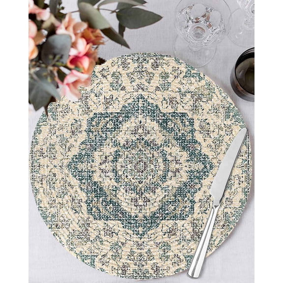 13 Inch Round Placemats Set of 4, Beige Green Boho Non Slip Heat Insulation PP Table Mats, Medieval Vintage Ethnic Floral Abstract Washable Place Mats for Kitchen Dining Party Table Decor